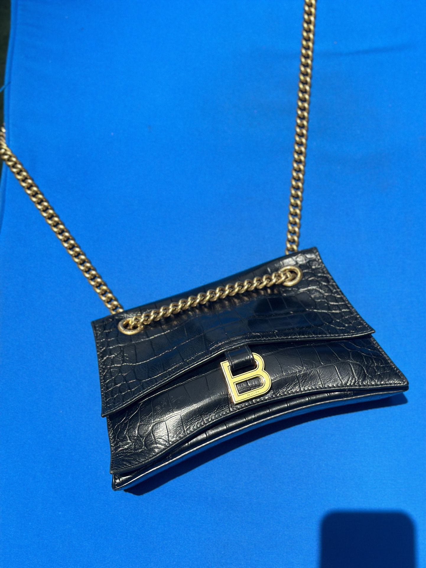 BALENCIAGA Authentic Women’s Crush Small Chain Bag Crocodile Embossed in Black Calfskin Leather 