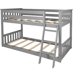 Twin Over Twin Low Bunk Bed with Ladder, Grey 