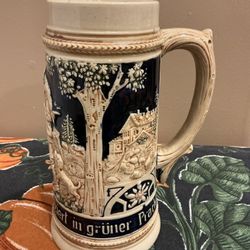 Antique Vintage German Beer Stein Mug Pottery Hunting Man Dog Blue