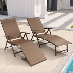 Chaise Lounge Chair Outdoor Set of 2, Aluminum Folding Patio Recliner Chair, Adjustable 8 Positions Assemble-Free Perfect for Beach, Yard, Pool, Deck 