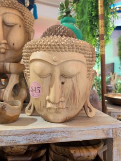 Hand-Carved Wooden Buddha Head Sculpture
