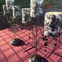Halloween jeweled set of two. 3-sconce pillar candle holders tabletop/mantle decor