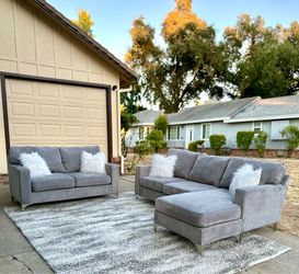 Gray Herringbone Sectional + Loveseat Set | Reversible Chaise | FREE Delivery
