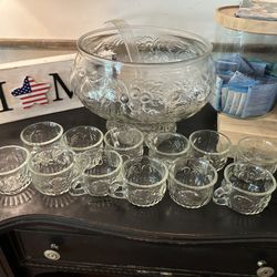 Vintage Jeannette Pressed Glass GrapeVine Punch Bowl Set w/12 cups