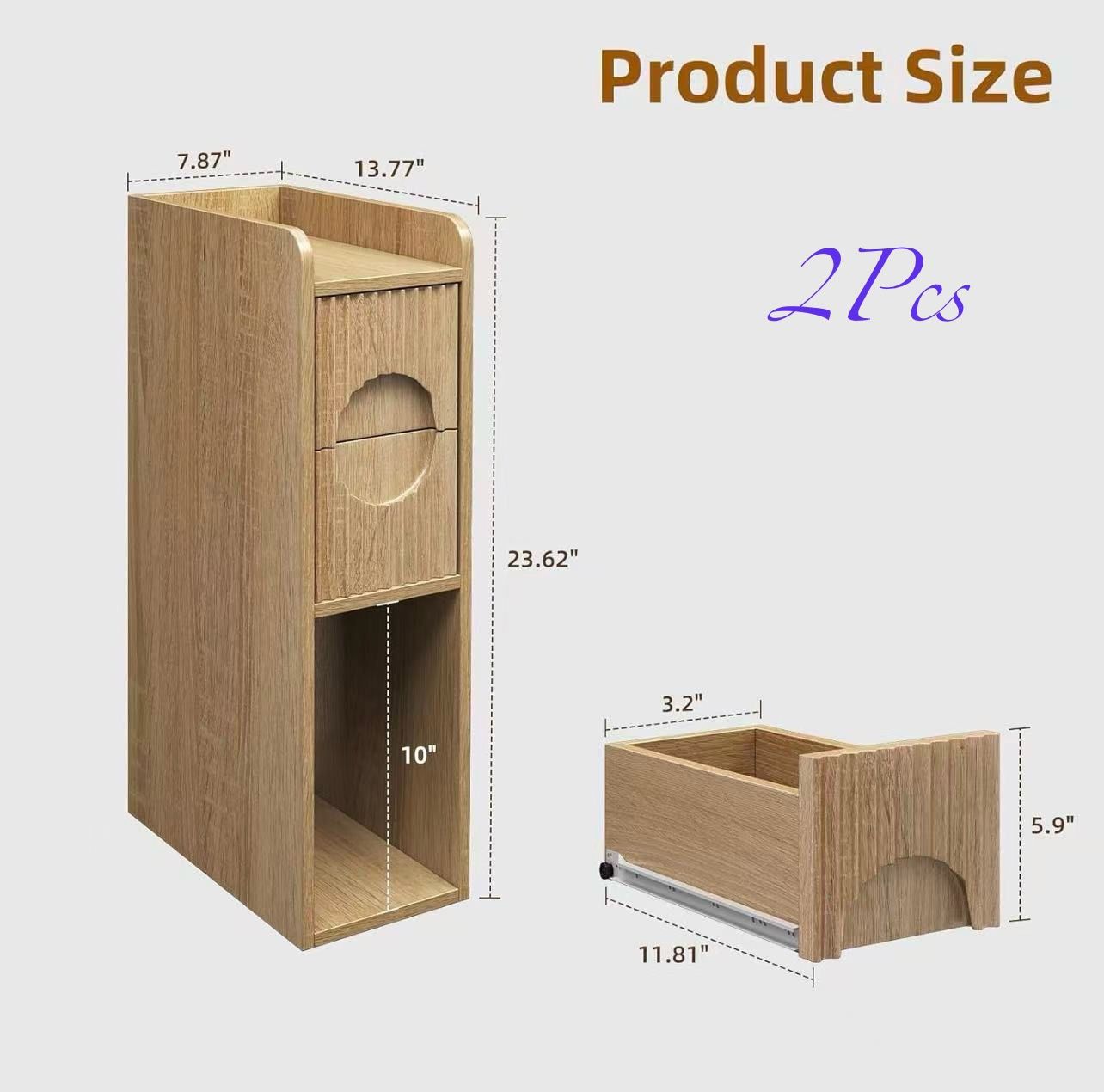 🥨2Pcs Small Fluted Nightstand, Wood 2 Drawer Narrow Nightstand, Slim Side Table, Modern Boho End Bedside Table, Natural Wood Night Stand with Drawers