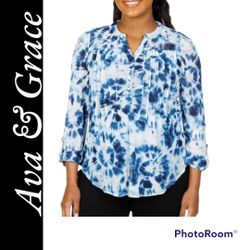 Ava & Grace Women's Tie-Dye Pleated Top Blue Quarter button front neckline new