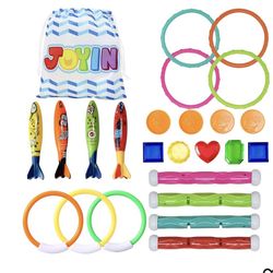 24 Pcs Diving Pool Toys Set with Storage Bag includes 7 Diving Rings, 4 Diving Sticks, 4 Bandits and 9 Pirate Treasures, Underwater Sinking Swimming P