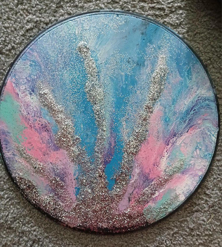Blue Pink Silver Painting On Wood 