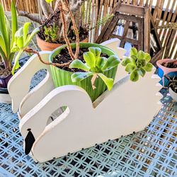 Charming hand-painted white wooden swan planter with bead-style brown eyes, 9×15 inches, plant not included, minor paint imperfections Charming  white