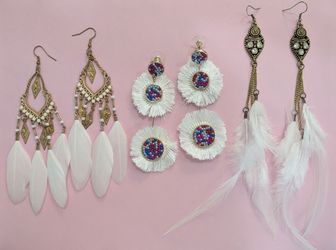 Boho Feather and Tassel Earrings Set of 3