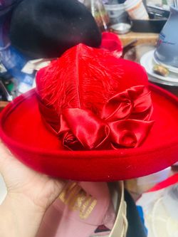 Red Velvet Dress Hat with Feather and Satin Roses