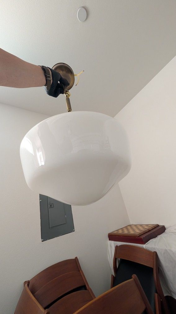 Antique Brass Ceiling Light Original Glass Shade Office