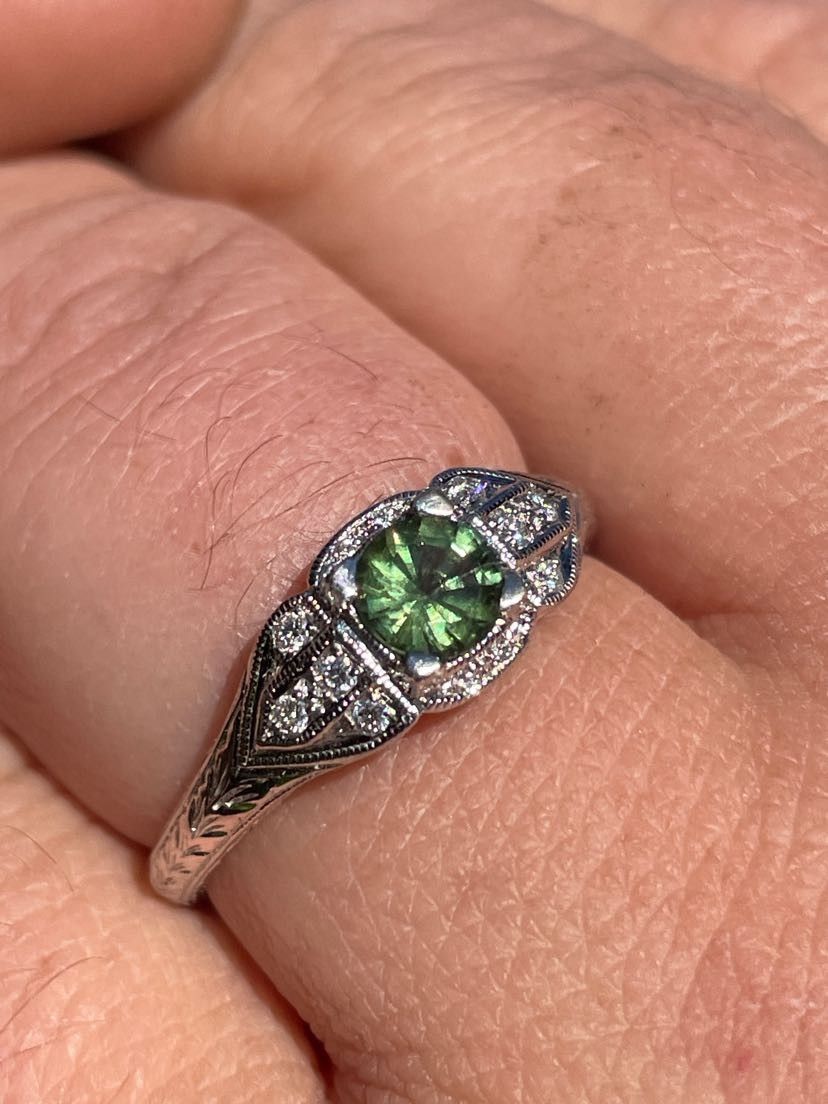 Vintage Green Sapphire & Diamonds  Engagement Ring