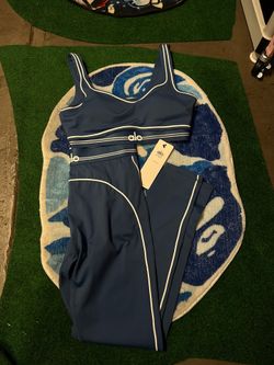 Alo Yoga Matching Set Blue/White Trim – Sports Bra + High-Waist Leggings – Size Large