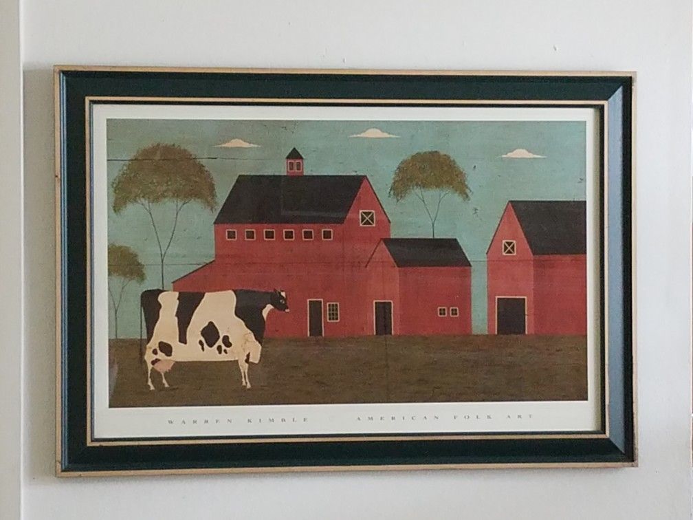 Warren Kimble American Folk Art framed print "Nellie's Barn" in great condition.