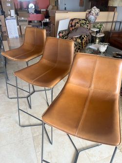 Set of 3 West Elm Slope Leather Bar Height Stools - Saddle Brown