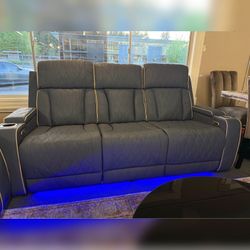 2PC Gray Power recliner sofa set loveset and sofa with LED USB wireless chargers