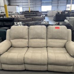 Beige Leather Power Recliner Sofa 