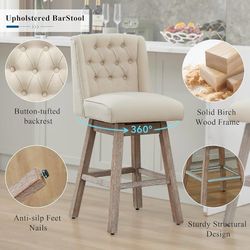 E338 $110 28.5 Inch Modern Swivel Bar Stools Set of 2, Performance Fabric Upholstered Bar Height Bar Stool with Back, Solid Wood Legs, Beige Product