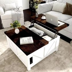 35.6" Square Lift Top , Farmhouse Coffee with Storage & Charging Ports, Wood Cente