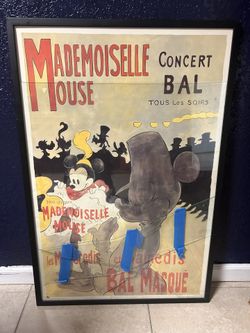 Vintage French Disney Mickey Mouse Painting With Cracked Frame