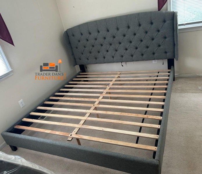 Brand New King Size Grey Linen Upholstered Platform Bed Frame (New In Box)