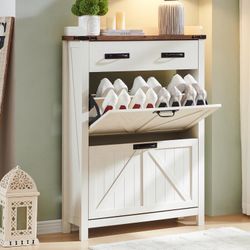 Shoe Cabinet with 2 Flip Drawers & 1 Drawers, Farmhouse Shoe Storage Cabinet for Entryway, Living Room, Hallway, Slim Freestanding Narrow Organizer Ra
