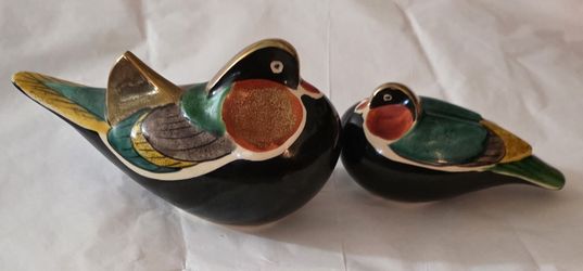 Japan Mandarin Duck Pair Vintage Kutani Porcelain Signed Handpainted