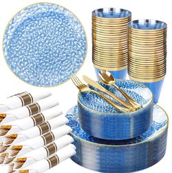 Rubtlamp Plastic Dinnerware Set, 100 Guests, Blue Gold