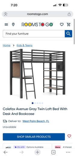 Colefax Avenue Gray Twin Loft Bed With Desk And Bookcase in good condition from Rooms To Go with mattress unused