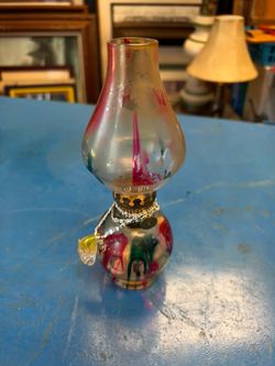 Vintage Mini Glass Oil Lamp w/ Swan Accent – Red & Green Painted Glass