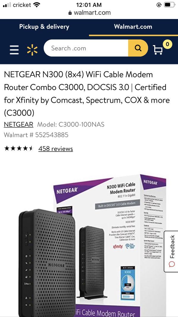 NETGEAR N300 (8x4) WiFi Cable Modem Router Combo C3000