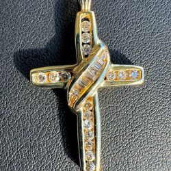 14k solid yellow gold 1CTW diamond cross pendant charm