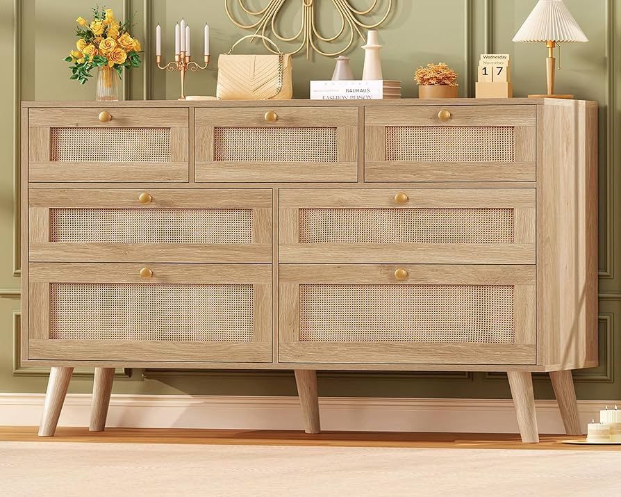 47.2''Wide 7 Drawer Rattan Dresser, Boho Dresser for Bedroom, Chest of Drawers, Closet Organizer, Natural Wood Dressers Chest for Bedroom, Living Room