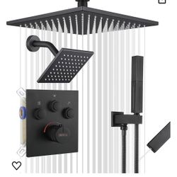 Thermostatic Shower System Matte Black, Push Button Diverter Shower Faucet with 2 in 1 Handheld, Ceiling Mount 12 Inch Shower Head with 6 Inch Wall Mo