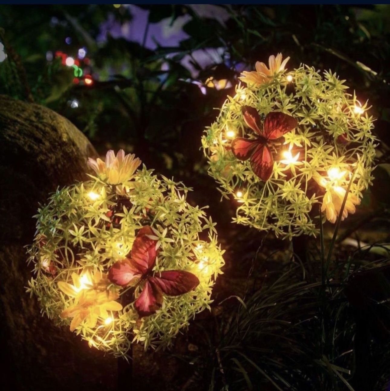 NENRENT 2 Pack Outdoor Solar Garden Flower Lights with Butterfly Lantern,Multi-Color Waterproof Decoration led lamp for Home Garden Patio Yard&Pathway