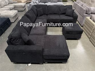New! REVERSIBLE Large Sectional Sofa And Ottoman, Reversible Chaise Couch, Sectional, U-shaped Sofa, Sectionals Sofas, Couch,Black Sectional,Chenille 