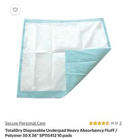 TotalDry Disposable Underpad Heavy Absorbency Fluff / Polymer 30 X 36" SP115412 10 pads