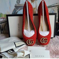 Gucci Red Lilibeth Gg Faux Pearl Embellished Espadrilles Flats