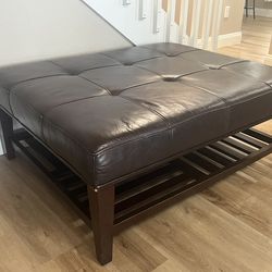 Leather Ottoman Coffee Table – Tufted Leather with Wood Base