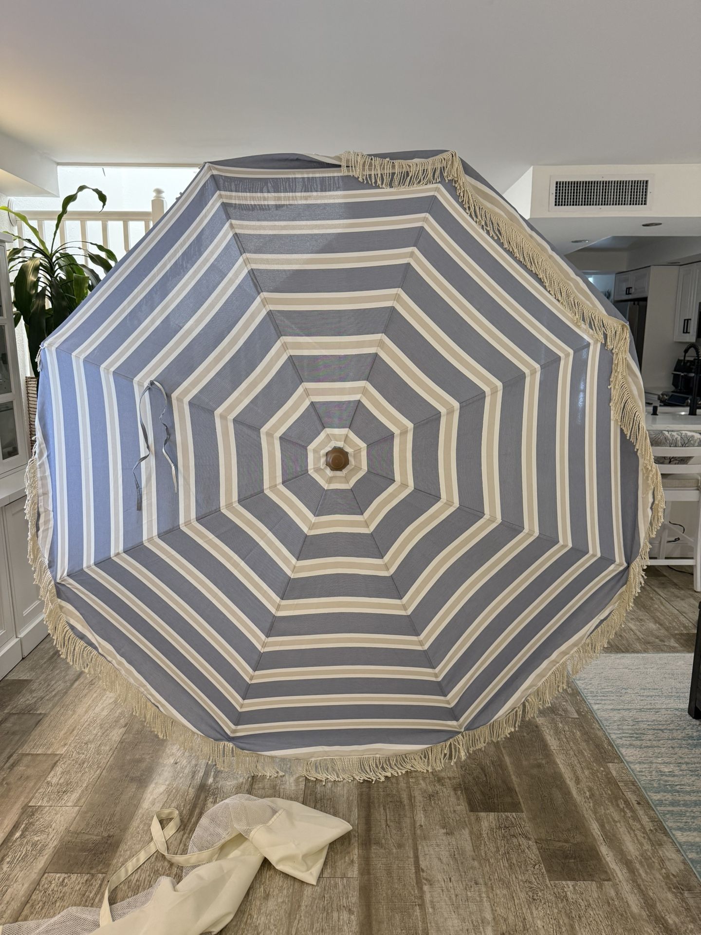 Tempera 7ft Boho Beach & Patio Umbrella with Fringe, Market Umbrellas with UPF 50+ UV & Water-Resistant Canopy, 1.5" Wood Pole & Button Tilt