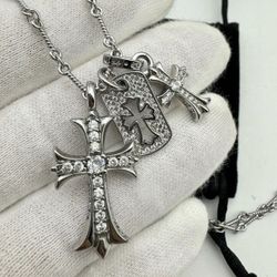 Crystal Silver Chrome Hearts Multi-cross Charm Necklace