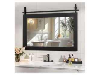 7341: New Farmhouse Bathroom Mirror, 40"x26" Rustic Wood Framed Wall Mounted Mirror, Black Vintage Vanity Mirror Barn Door Style Decrative Mirrors