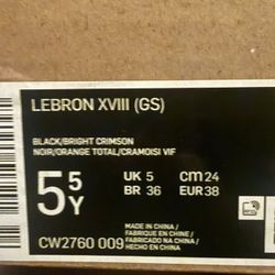 Nike LeBron XVIII 18 GS Black Crimson Volt Shoes CW2760-009 Size 5.5 Boys