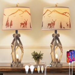 28" Rustic Antler Table Lamps with USB & Type C Ports Farmhouse Bedside Living Room Bedroom