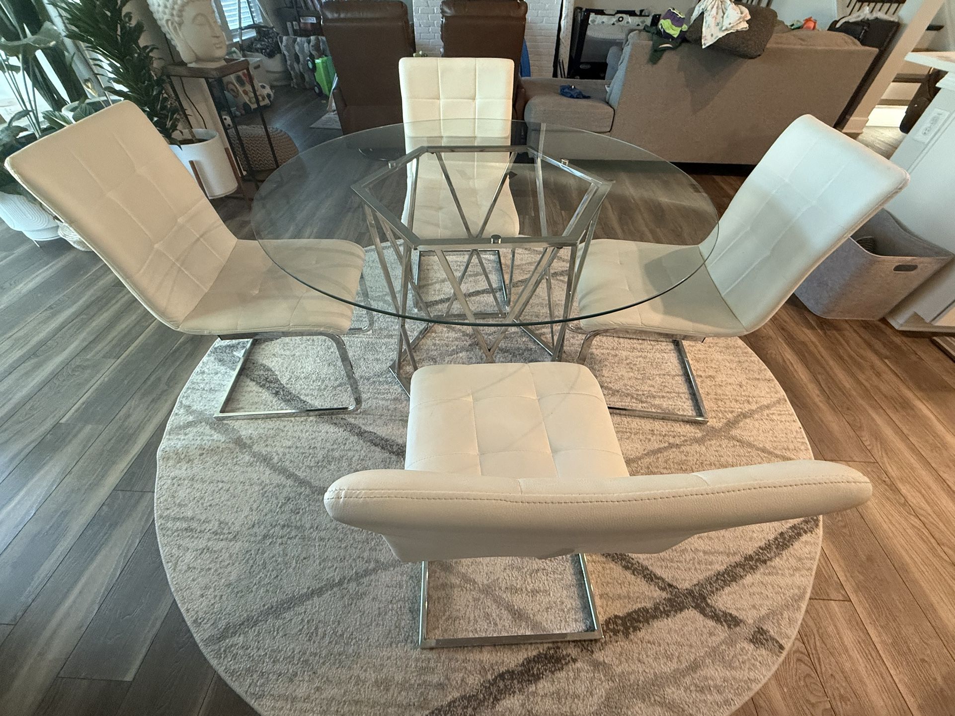 Modern 46” Round Glass Dining Table Set (4 Chairs Included) – $550