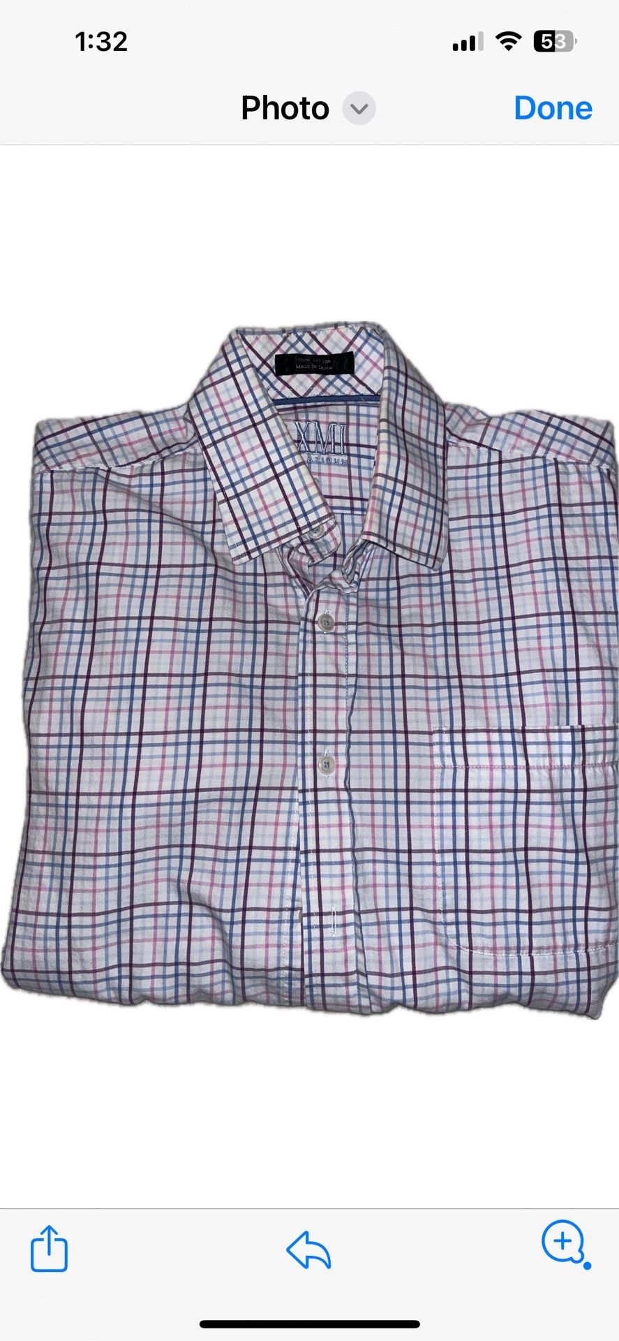 XMI Platinum Men’s casual dress shirt. 15 1/2 -34/35. Like New. Mint Condition. White:Blue/Pink