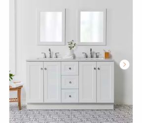 Bannister 61 in. Double Sink White Freestanding Bath Vanity with Granite-Look Colorpoint White Cultured Marble Top