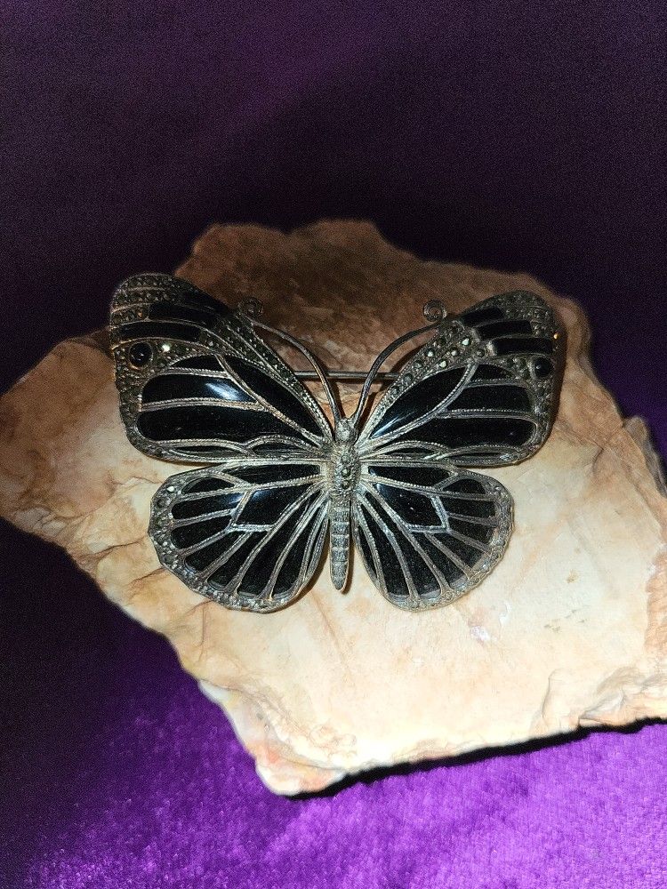 Marcasite/Onyx Butterfly Pin