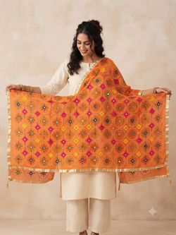 Traditional Embroidered Dupatta Scarf with Gold Border - Premium Ethnic Wear Dupatta for Kurta